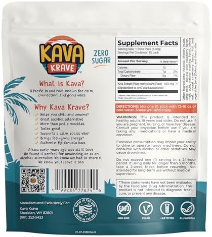 Kava Krave non alcoholic alternative social beverage powder packets laid out on a kitchen counter showing single serve convenience.