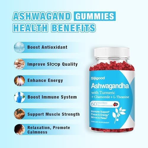 Close up of mixed berry ashwagandha gummies herbal supplement with turmeric chamomile and lemon balm