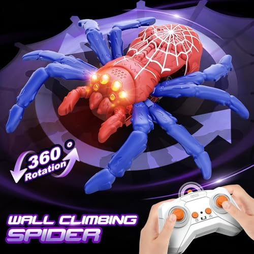 Rechargeable remote control spider toy showcasing its glowing LED eyes and red spiderweb back design