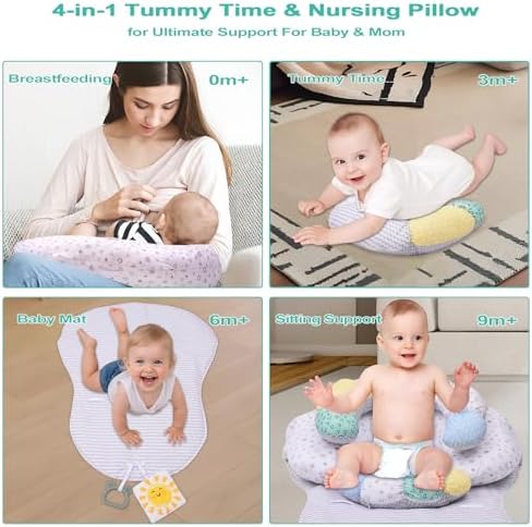 4-in-1 Tummy Time & Nursing Pillow with High, Firm, Large Area, Detachable Seated Support Cushion, Removable and Machine Washable Slipcovers, Baby Play Mat and Toys 0-24 Months - Image 3