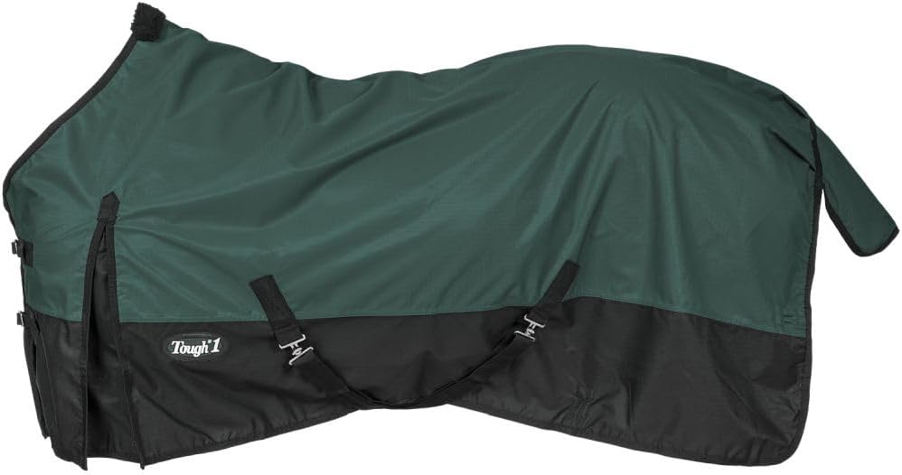 Underbelly view of the Tough 1 equestrian sheet displaying the adjustable crossed surcingle belly straps.