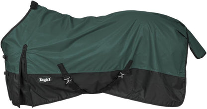 Underbelly view of the Tough 1 equestrian sheet displaying the adjustable crossed surcingle belly straps.