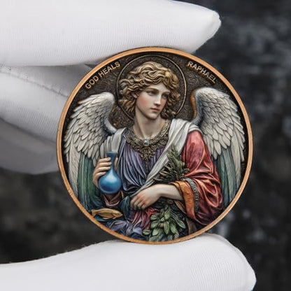 Vitoleo divine healing medal displayed on a flat surface next to wallet