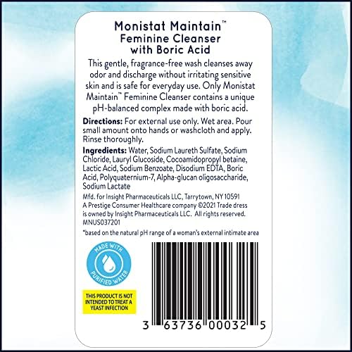 Monistat fragrance free intimate cleanser with pH balanced boric acid complex for women.
