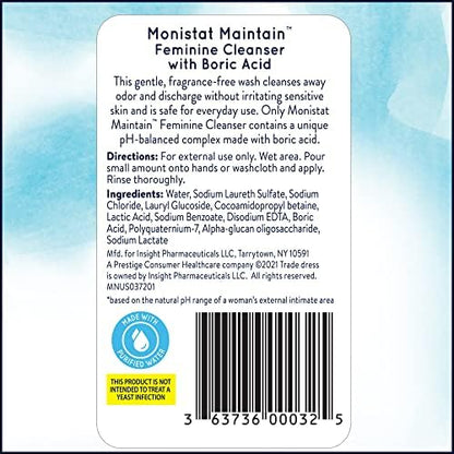Monistat fragrance free intimate cleanser with pH balanced boric acid complex for women.