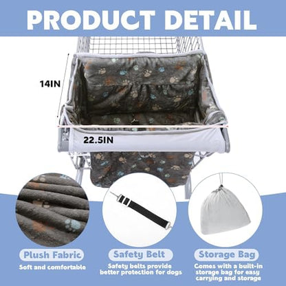 Plush pet grocery cart cover with safety ropes installed