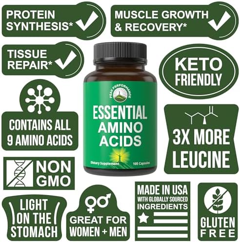 Peak Performance Essential Amino Acids capsules bottle angle view