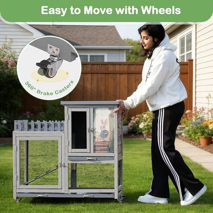 Wood Rabbit Hutch with Balcony - Small Animal House Bunny Cage on Wheels for Indoor Outdoor, Rabbit Cage Included Ramp, Pull Out Tray, (Grey with Pattern) - Image 6
