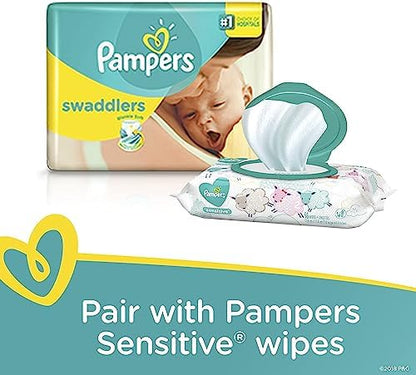 Back view of Pampers Swaddlers disposable diaper highlighting the stretchy waistband for active toddlers.