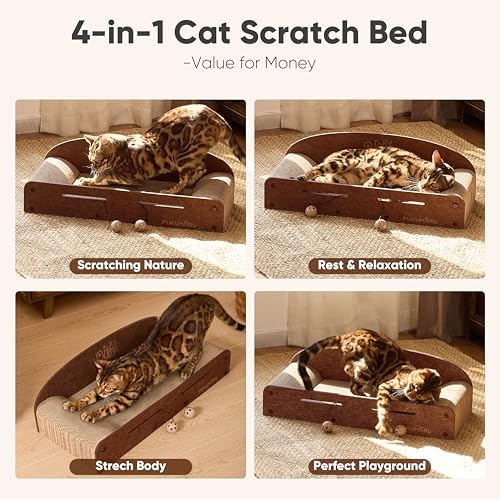 Premium felt cat lounger bed with integrated elastic bell ball toys for indoor cats.