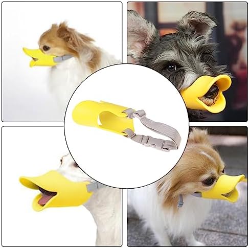 Small dog wearing yellow duck bill muzzle for training