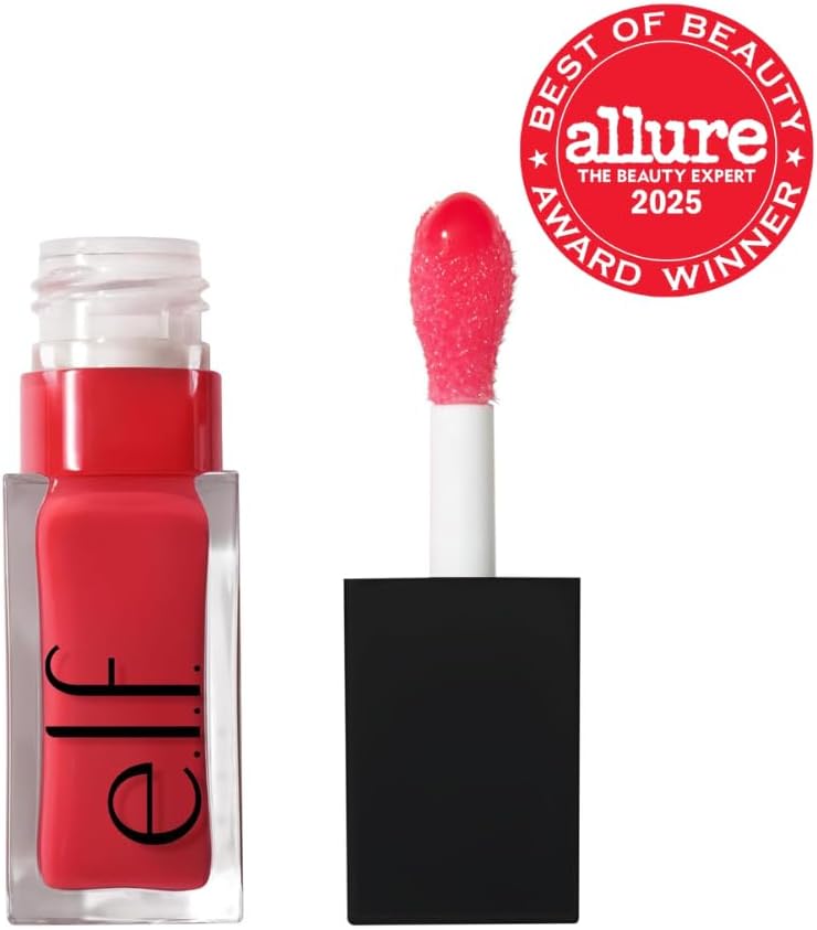 E.l.f. tinted lip oil in Red Delicious showing the oversized plush XXL cushion applicator.