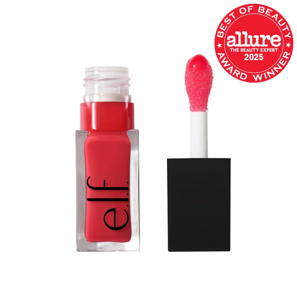 E.l.f. tinted lip oil in Red Delicious showing the oversized plush XXL cushion applicator.