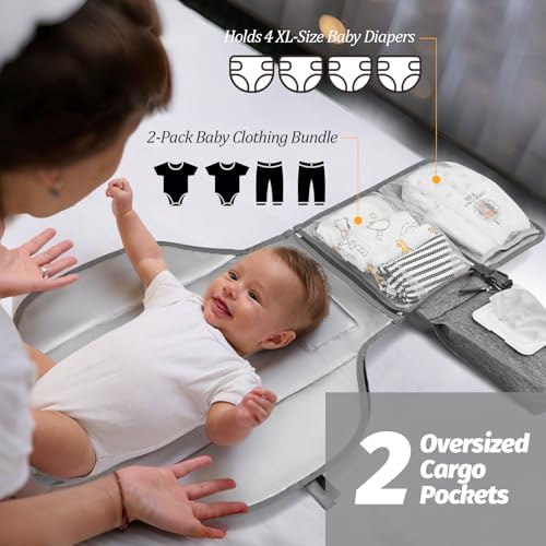 Close up view of the integrated wipes pocket on the PZU baby diapering mat for easy access.