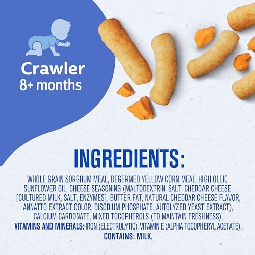 Multiple canisters of Gerber mild cheddar baby snacks arranged together
