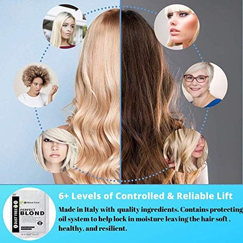 Side view of Blond Forte twenty volume developer and blue bleach powder highlighting the keratin and coconut oil benefits.