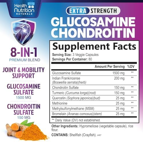 Glucosamine Chondroitin MSM 2100mg - 3X Strength Joint Support Supplement with Glucosamine Sulfate, Turmeric, Boswellia, Quercetin for Cartilage, Flexibility & Mobility, Bottled in USA, 240 Capsules - Image 3