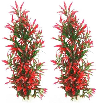 Vibrant red and green plastic fish tank plants with a heavy stone base for stability.