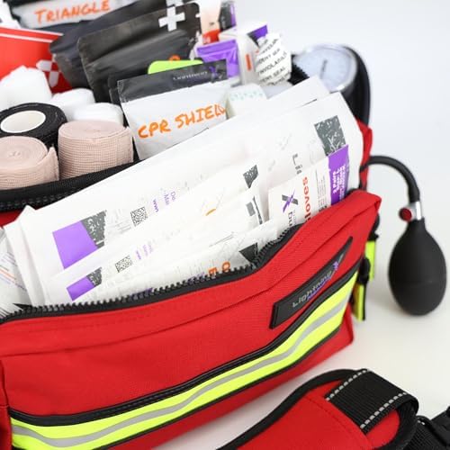 Lightning X red professional trauma bag with padded shoulder strap for emergency response.