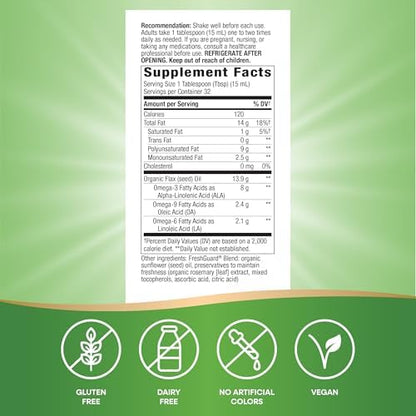 USDA certified organic flaxseed oil supplement packaging showing authenticity seals.