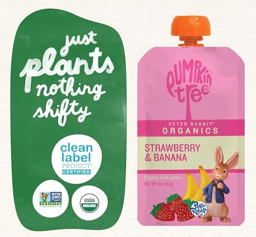 Close up of organic strawberry and banana fruit puree in a squeezable pouch