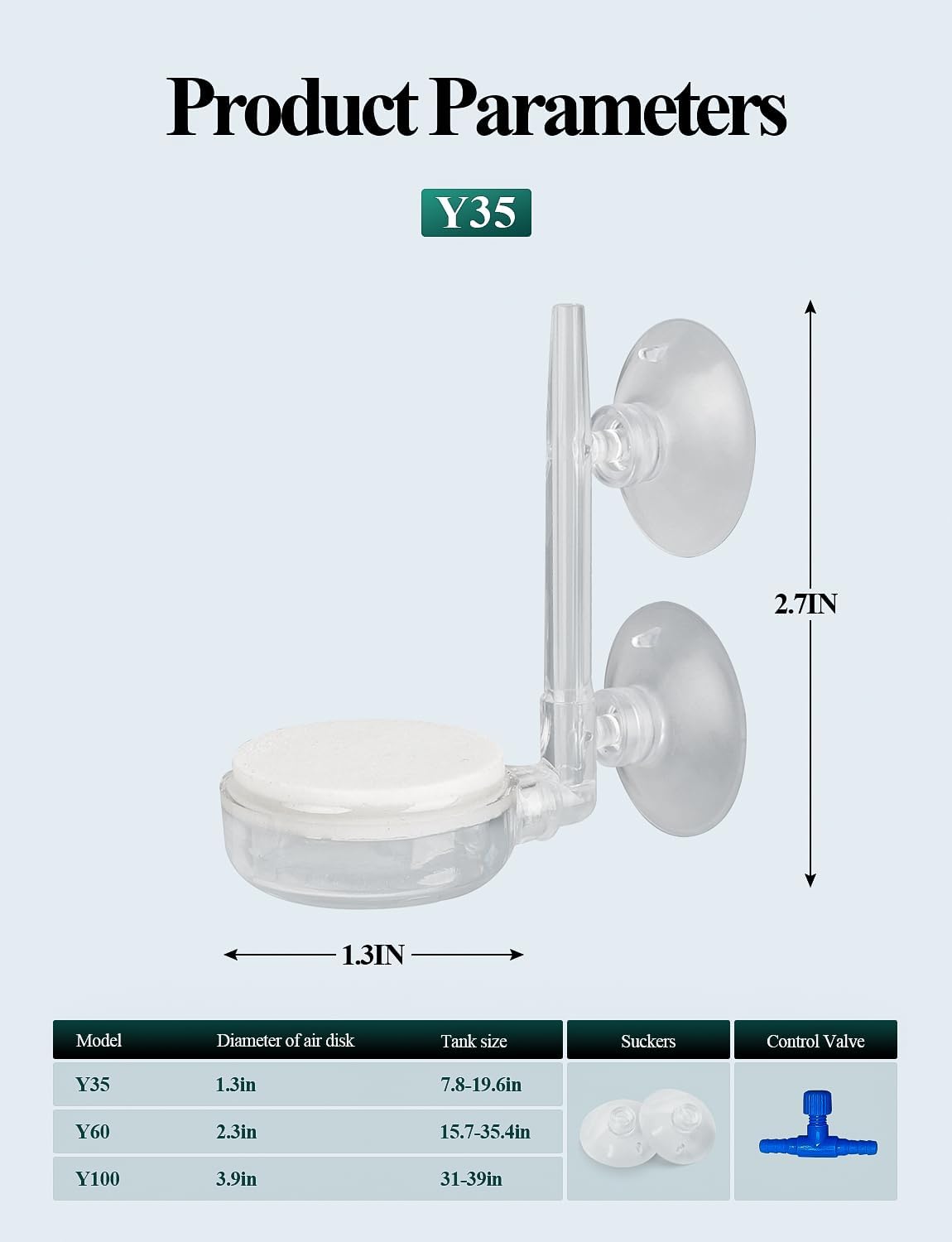 Premium aquarium oxygen diffuser with included control valve and suction cups.