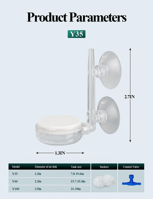 Premium aquarium oxygen diffuser with included control valve and suction cups.