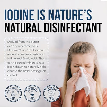Side view of Nasomin Iodine Nasal Antiseptic Spray bottle demonstrating the fine mist nasal sprayer nozzle.