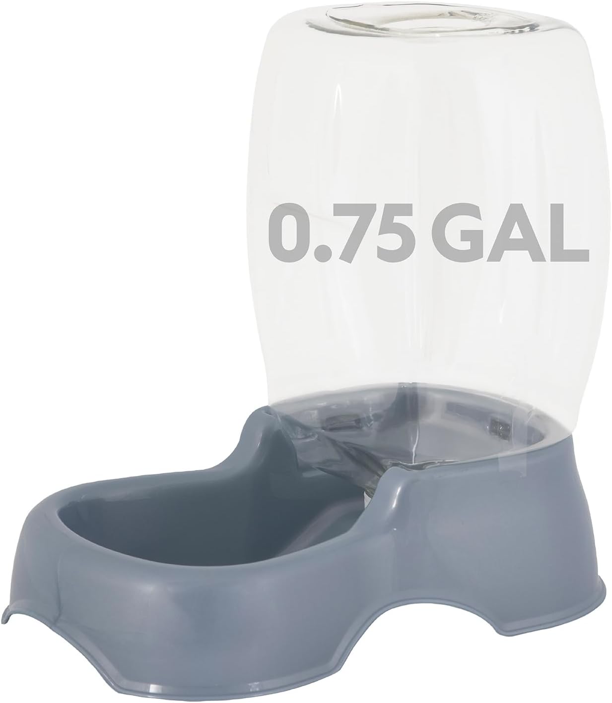 Petmate Pet Cafe Gravity Water Dispenser front view showing the clear bottle and Pearl Gray base.