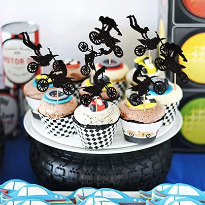 Side view of motocross cake toppers showing glitter cardstock quality