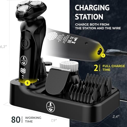 MANECODE electric shaver with floating eight contouring technology heads detached alongside nose trimmer and cleaning brush attachments