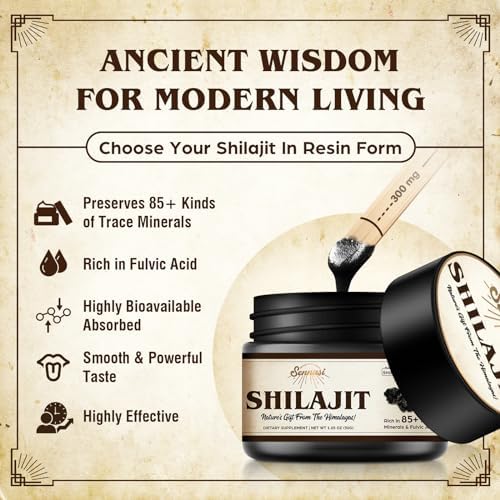 Organic Himalayan shilajit resin with measuring tool for precise daily dosage.