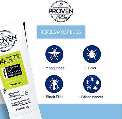 Side view of Proven family safe DEET free mosquito lotion containers showing application instructions.