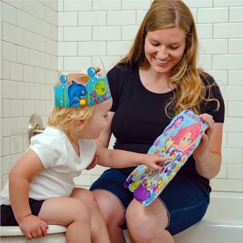 Toddler using Putska potty training reward chart in bathroom