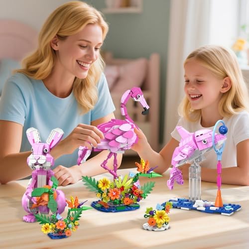 Close up view of the premium pink building bricks and floral elements from HOGOKIDS