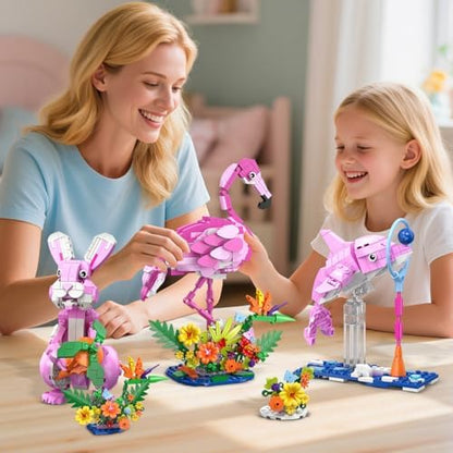 Close up view of the premium pink building bricks and floral elements from HOGOKIDS