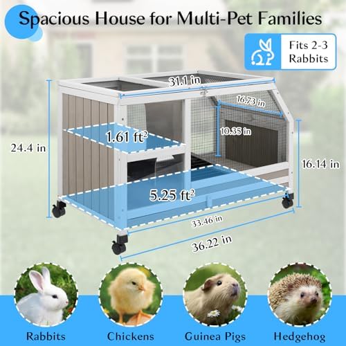 36''L Rabbit Hutch Outdoor with Casters and Run, Wooden Indoor 2 Story Guinea Pig Cage with Divider Panel, Pull Out Tray, Rabbit Duck Bunny House for Small to Medium Animals and Pet Lover, Gray - Image 3