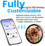 Pin Tura smart digital pin displaying custom animated GIF slideshow attached to a backpack loop.