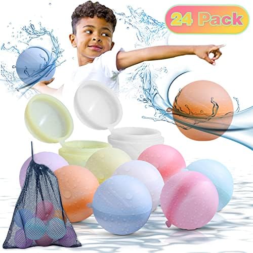 Assorted colors of MBKET silicone water balls arranged outside the portable mesh bag