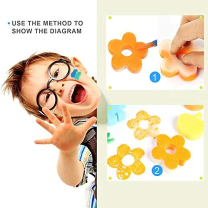 Toddler learning art tools set showing assorted foam pattern brushes and colorful stamps