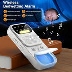 Wireless nighttime enuresis monitor displaying the charging case with built-in ultraviolet sanitizing compartment open