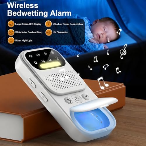Wireless nighttime enuresis monitor displaying the charging case with built-in ultraviolet sanitizing compartment open