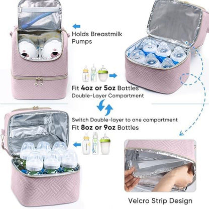 Quilted breastmilk cooler bag with gold zippers