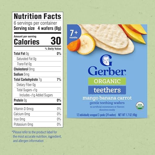 Gerber baby teething snacks multipack presentation with organic fruits and vegetables illustration