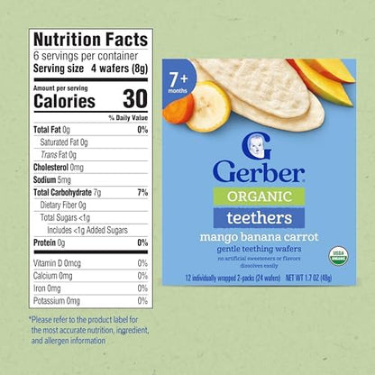 Gerber baby teething snacks multipack presentation with organic fruits and vegetables illustration