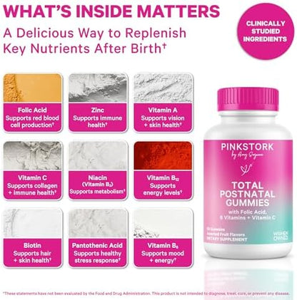 Pink Stork postnatal supplement bottle showing 60 count label
