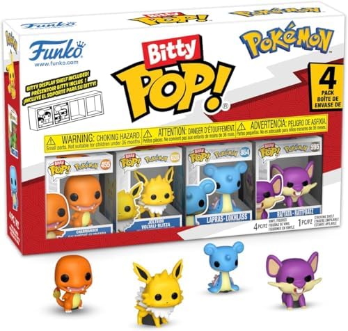 Funko miniature Pokemon figures set including Jolteon and Lapras displayed on stackable shelf.