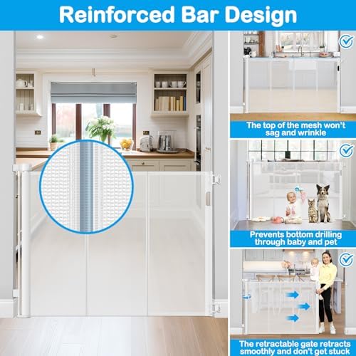 One handed passage operation of white retractable pet safety barrier