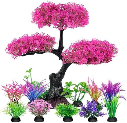 Pink cherry blossom tree aquarium decor set showcasing the weighted base anchor.
