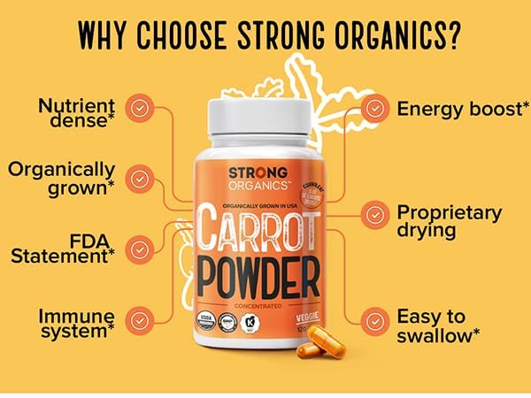 Side profile of Strong Organics 120 count carrot capsule bottle